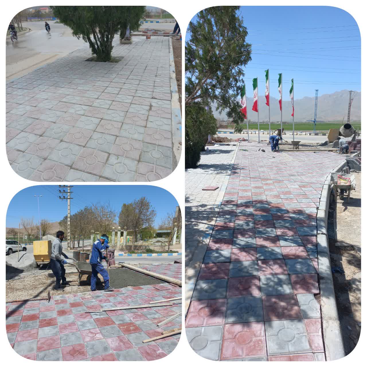 عملیات اجرای سنگ فرش و زیبا سازی رفیوژ بلوار شهدا شهر طاقانک در حال انجام است .